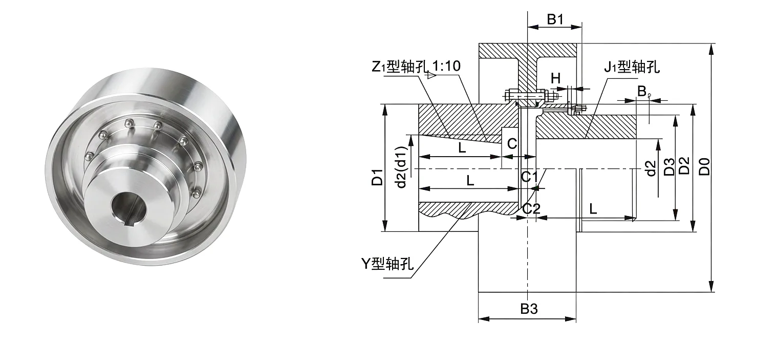 NGCLZ drum shape gear coupling technical drawing with dimensions - Ever Power